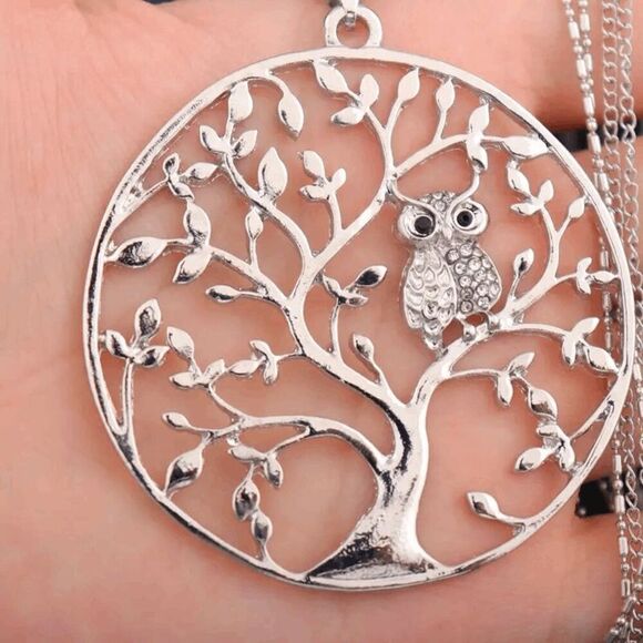 Silver Tree Of Life Diamond Owl Pendant Triple Chain Necklace - Picture 3 of 4